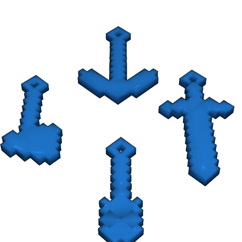 Модели меча, топора, кирки и лопаты из Minecraft