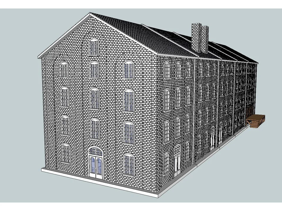 Модель крупного кирпичного здания в масштабе HO
