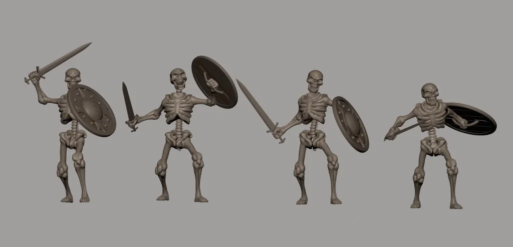 3D модель Скелеты с оружием: топор, меч и щит - фото 1