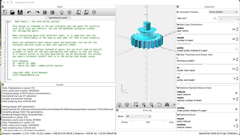 3D модель Конфигурируемые шестерни и шкивы в OpenSCAD - фото 3