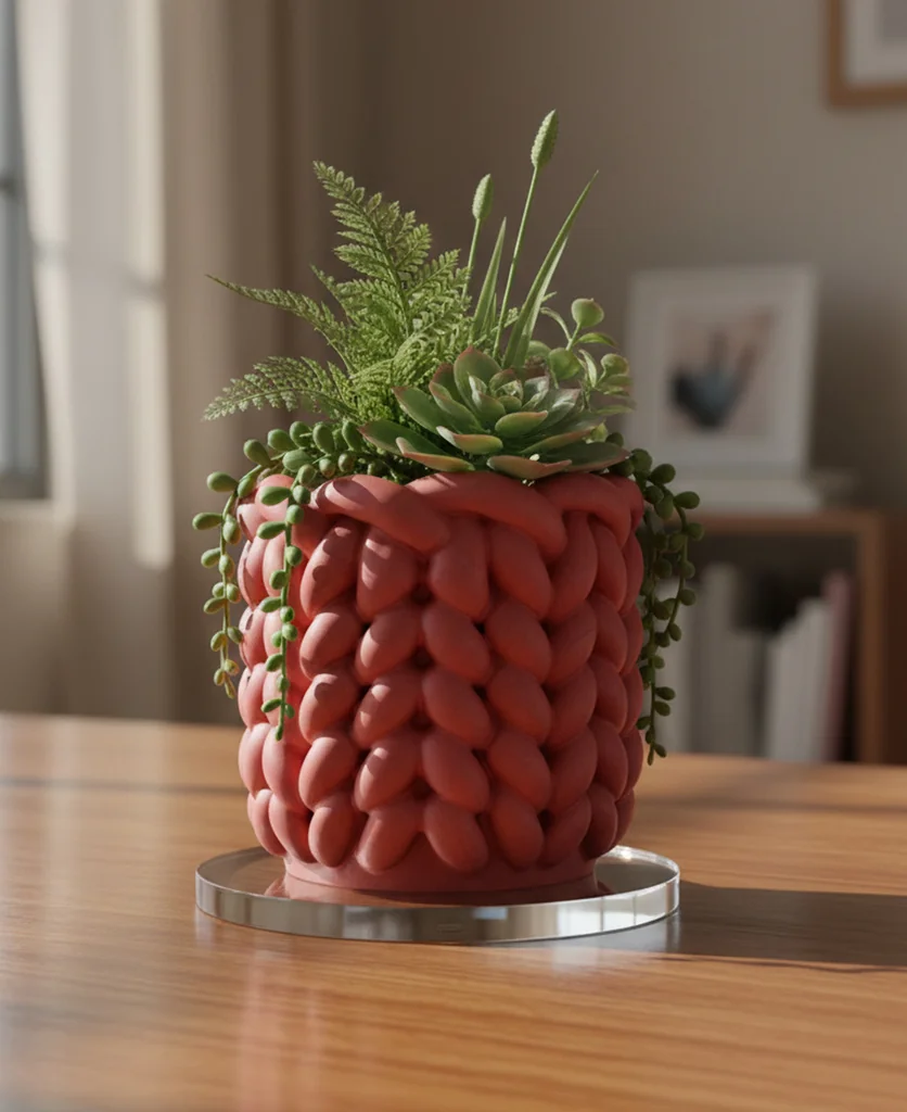 Вязаная ваза из толстой пряжи для декора