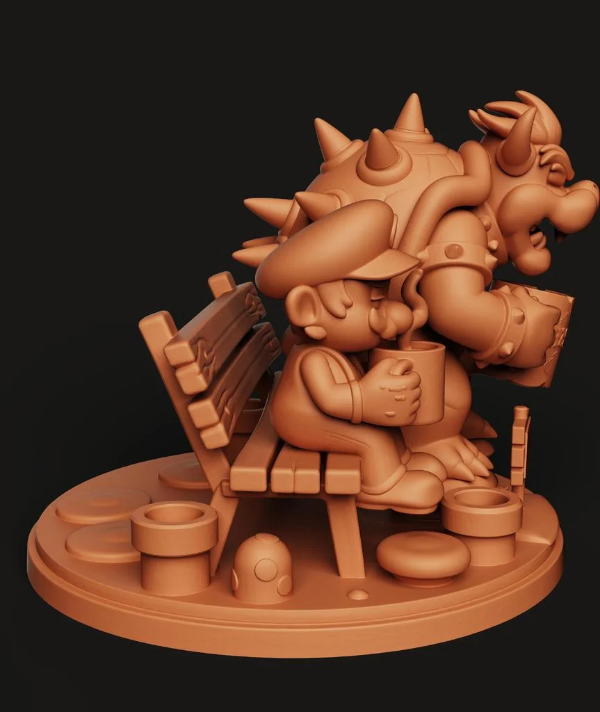 Модели Марио и Баузера на скамейке