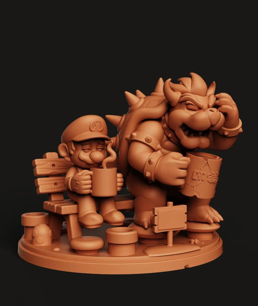 Модели Марио и Баузера на скамейке