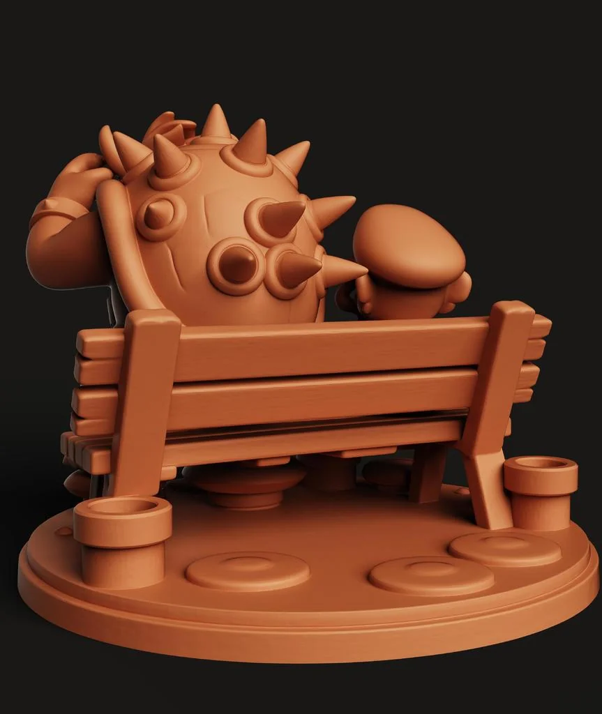 Модели Марио и Баузера на скамейке